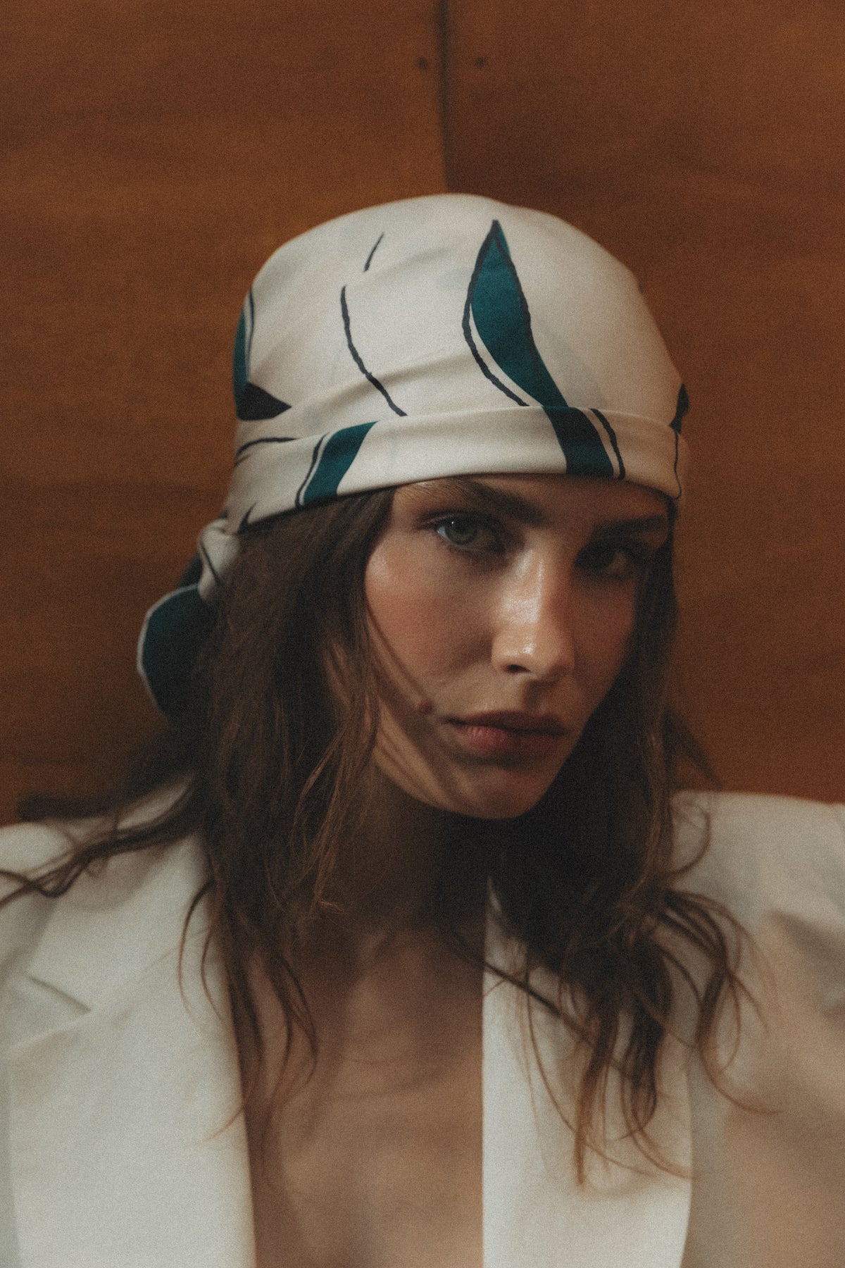 Wimbledon Silk Scarf by Baltér Warsaw – Grace Orange colorway, styled on model